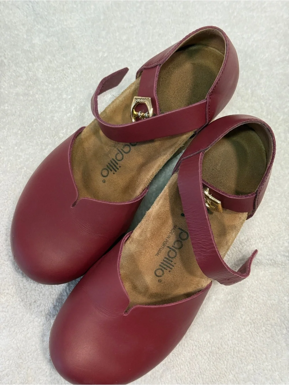 Birkenstock Women's Mary Jane wedge heels in Burgundy with Gold Buckles